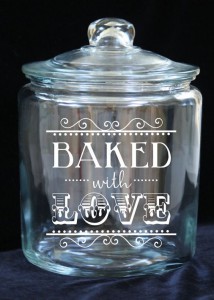 Baked With Love etched on glass jar